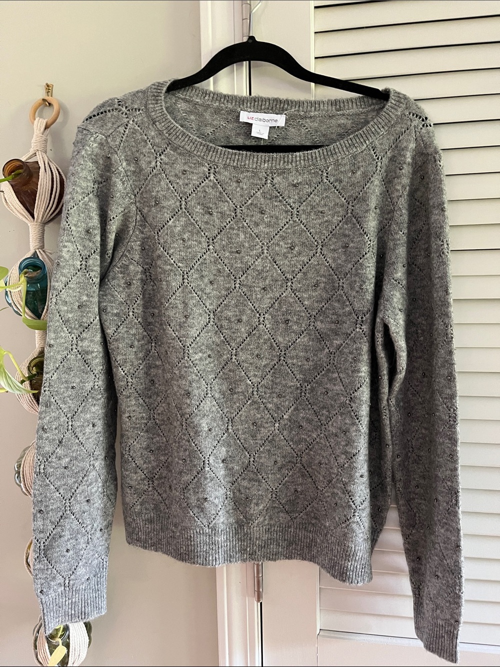 Liz Claiborne Heather Gray Diamond-Point Crewneck Sweater